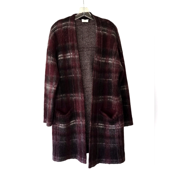 DKNY Open Front Women's Gray & Maroon Plaid Cardigan Sweater Mohair, M - Picture 1 of 9
